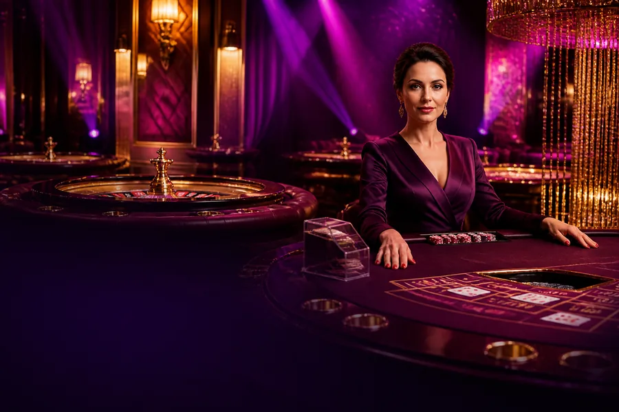 Live-Casino-Tisch in violett-goldener Atmosphäre