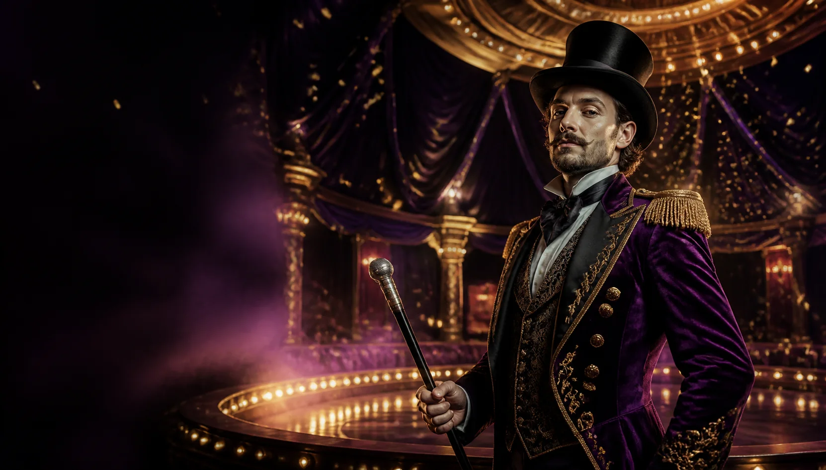 Circusdirektor vor einer goldenen Manege